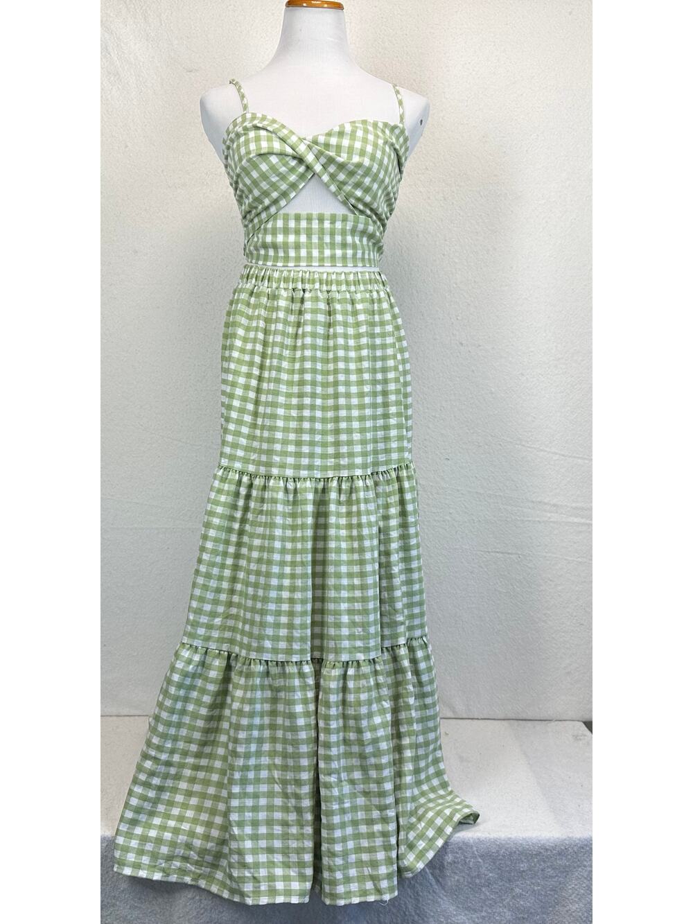 Edit By Nine Green & White Gingham Prairiecore Flowy Matching Set Size M